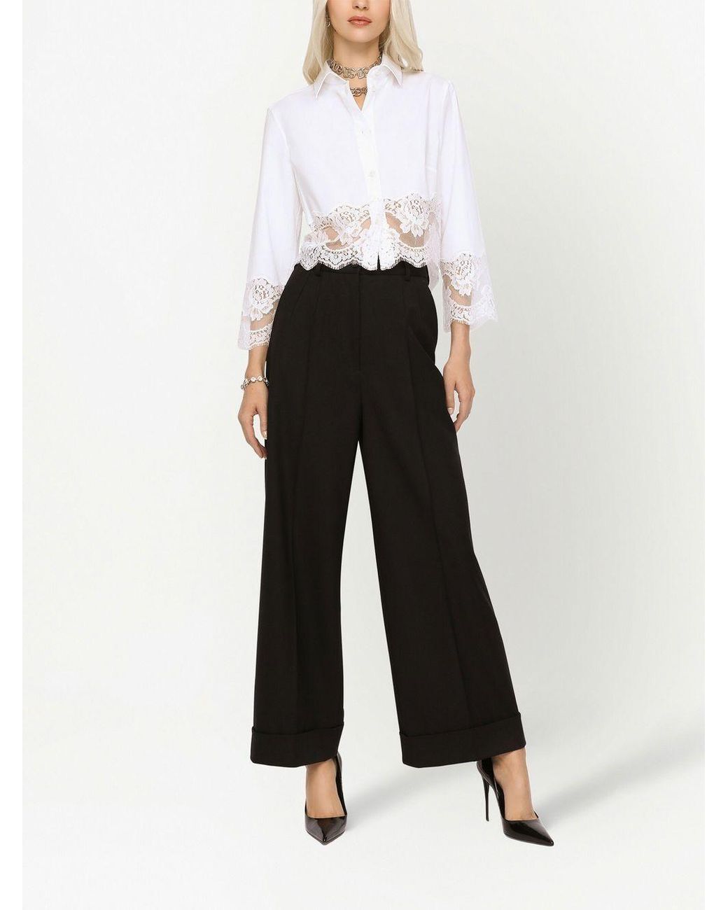 Dolce & Gabbana White Lace Detailed Cropped Poplin Shirt