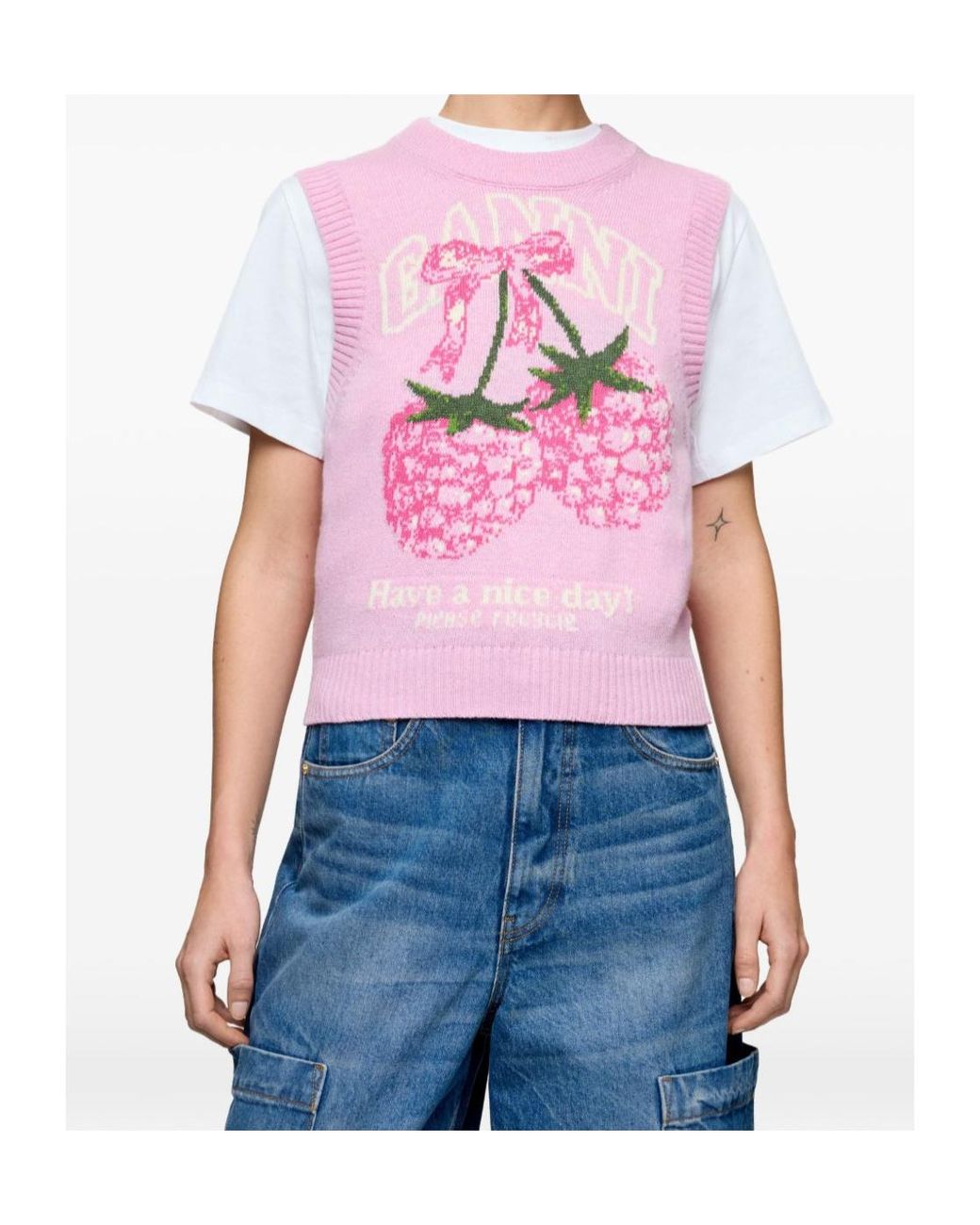 Ganni Pink Graphic Intarsia Knitted Top