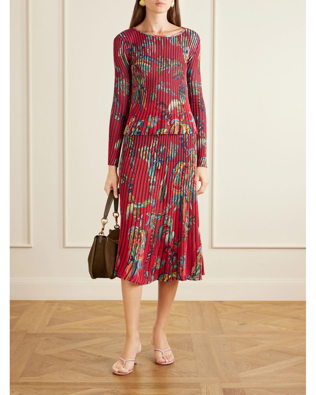 Etro Red Floral-Print Open-Knit Ribbed Blouse