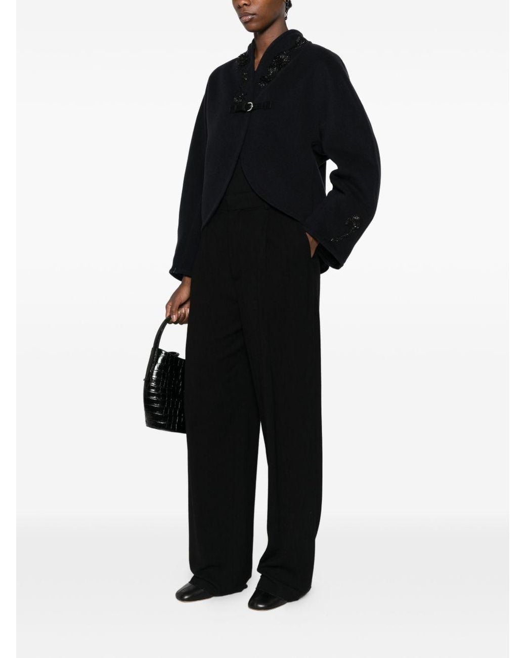 Forte_forte Black Embroidered Buckle-Fastening Coat