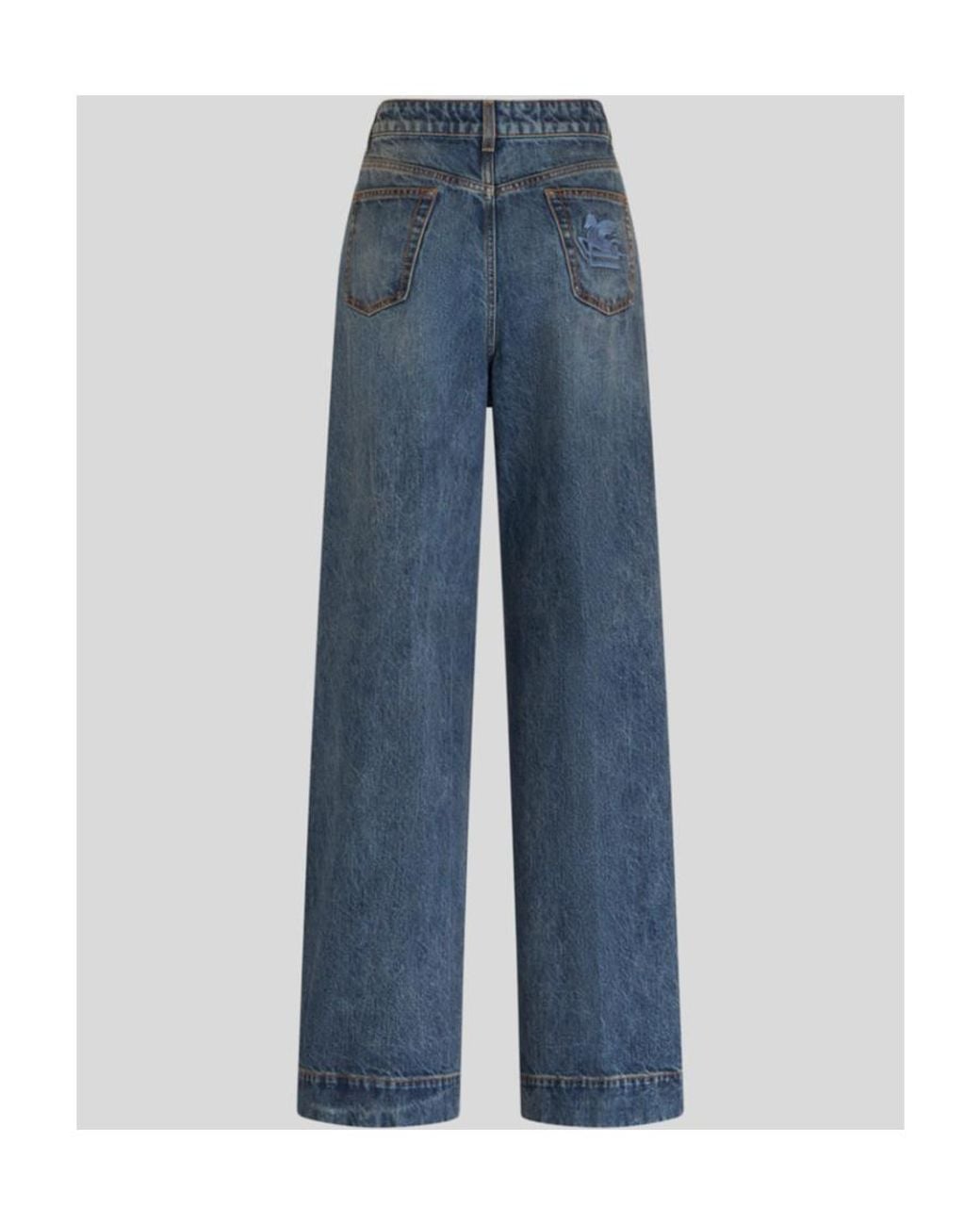 Etro Blue Logo Embroidered Wide-Leg Jeans