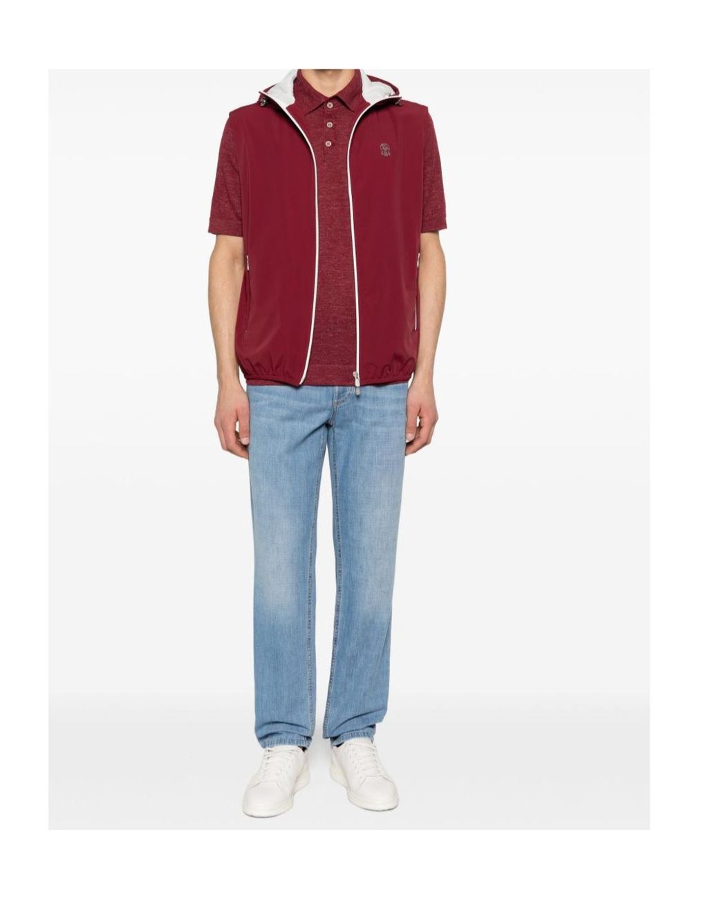Brunello Cucinelli Red Bonded Nylon Hooded Vest With Logo for men