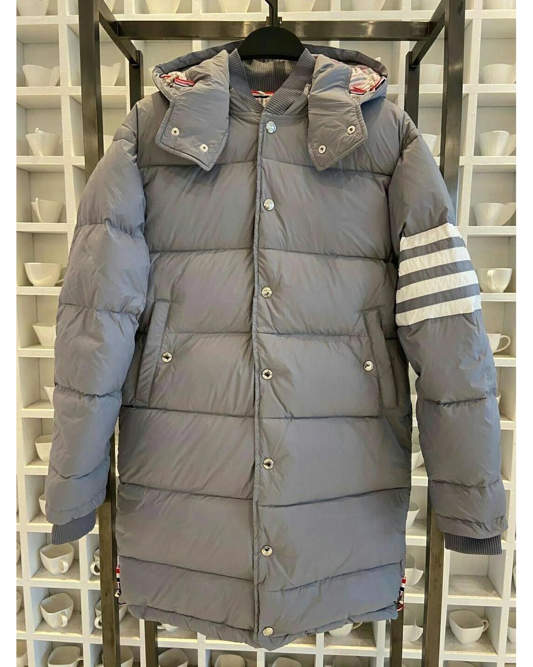 Thom Browne Gray Striped Padded Hooded Jacket for men
