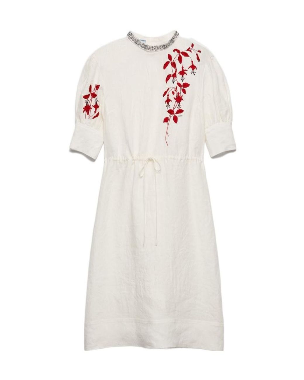 Prada White Embroidered Slubbed Fabric Dress