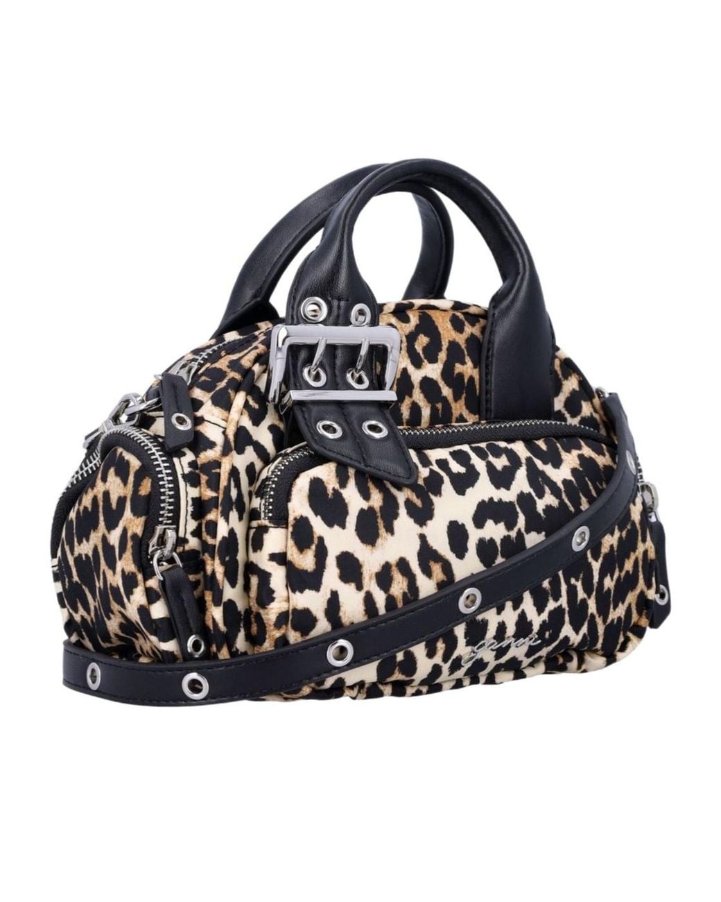 Ganni Black Leopard Printed Buckle Detailed Mini Tote Bag