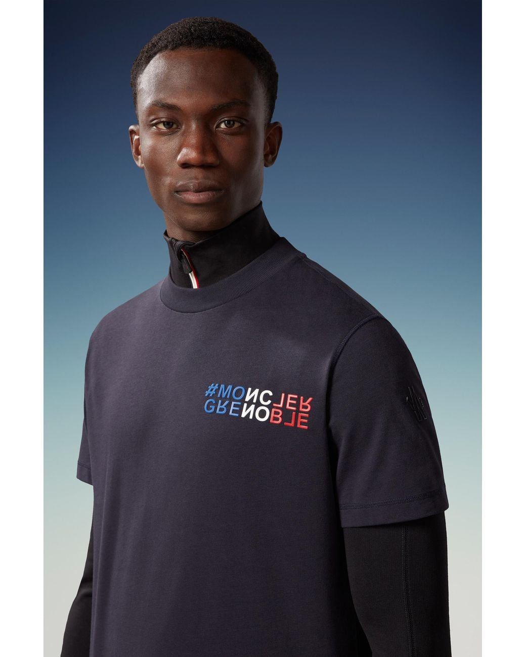 Moncler Blue Grenoble Mountain Logo Embossed Crewneck T-Shirt for men