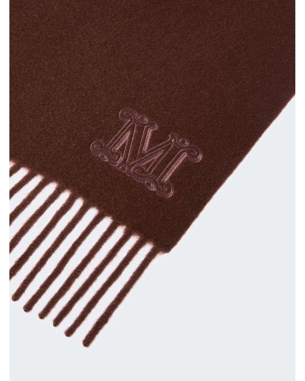 Max Mara Brown Logo Embroidered Fringed Scarf
