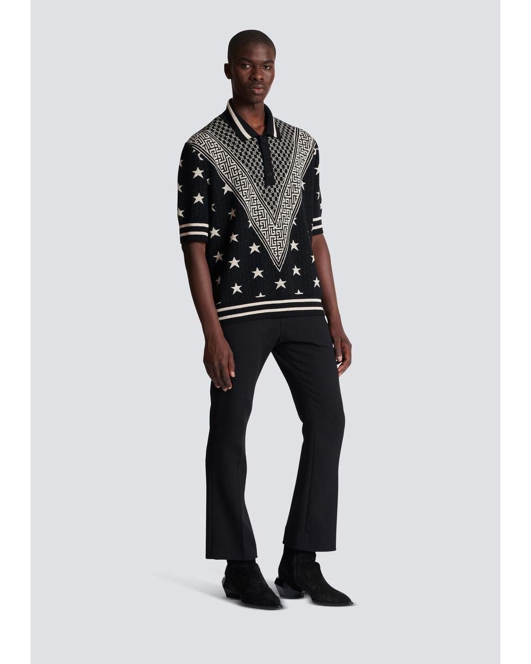 Balmain Black Monogram Stars Polo Shirt for men