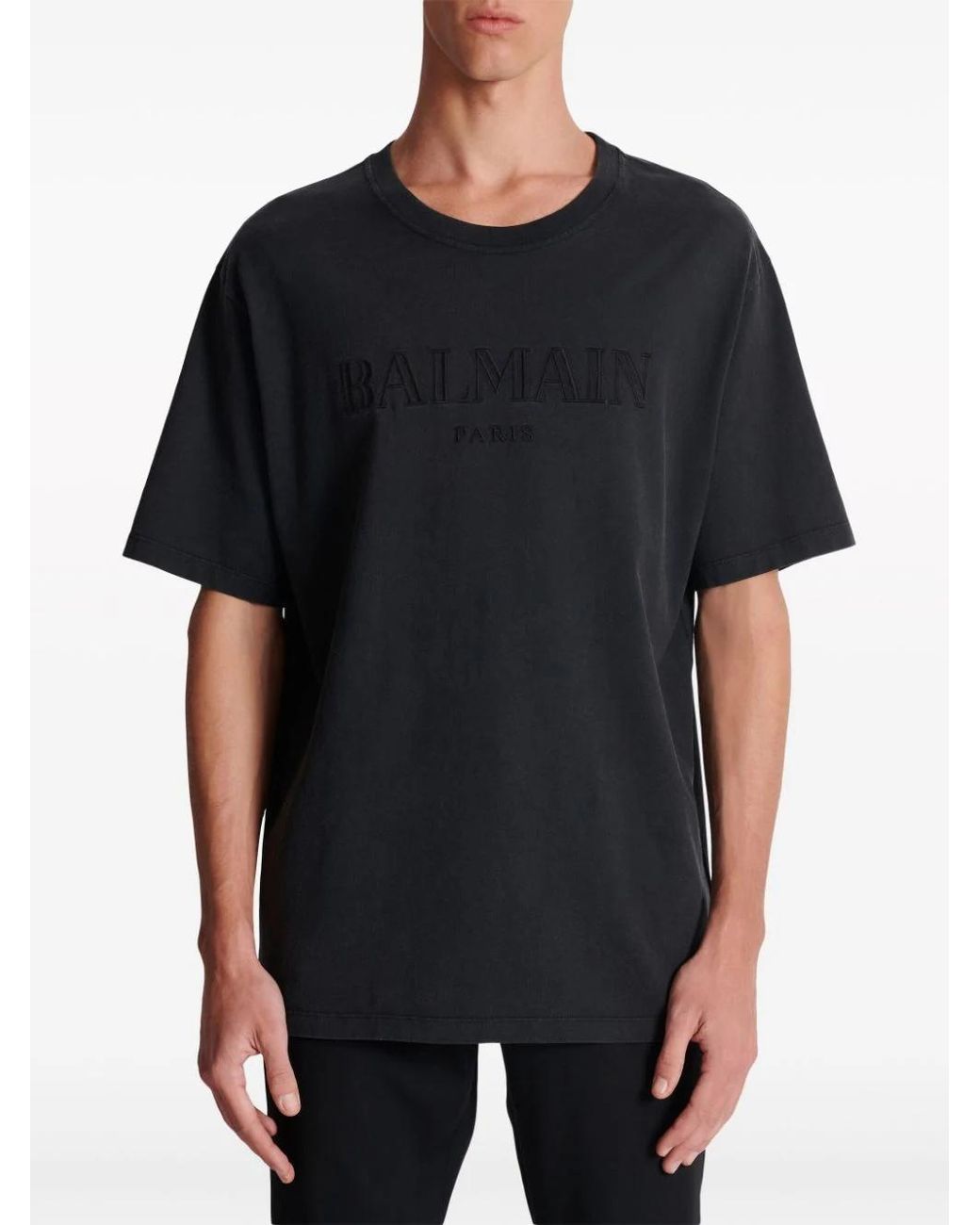Balmain Black Logo Embroidered Crewneck T-Shirt for men