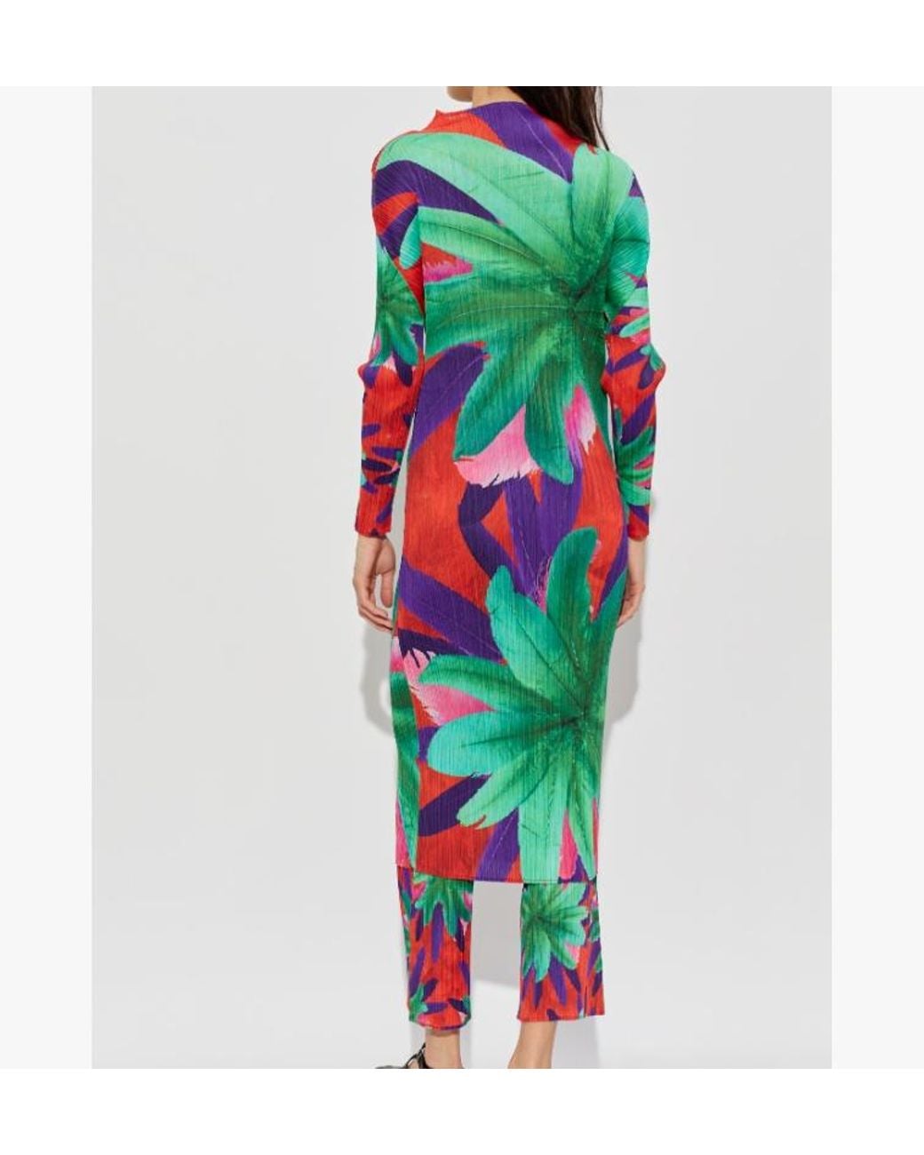 Pleats Please Issey Miyake Green Carnival Floral-Print Pleated Midi Dress