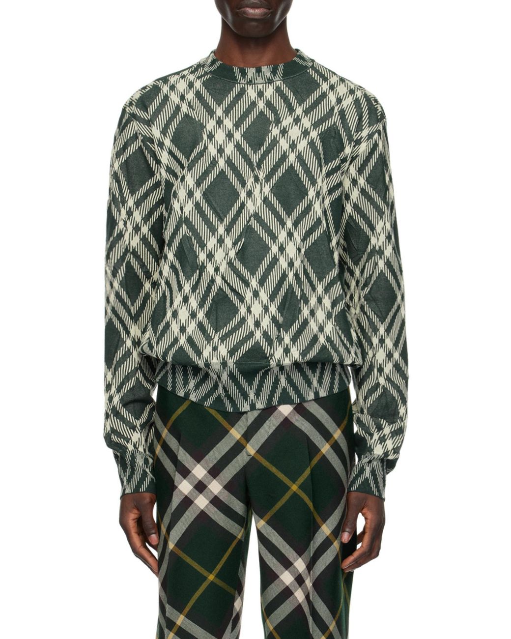 Burberry Green Checked Crewneck Knitted Jumper for men