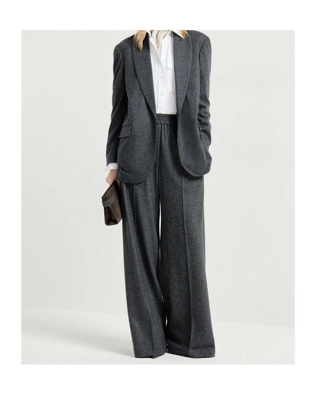 Brunello Cucinelli Gray Cashmere Jersey Pleated Wide Track Trousers