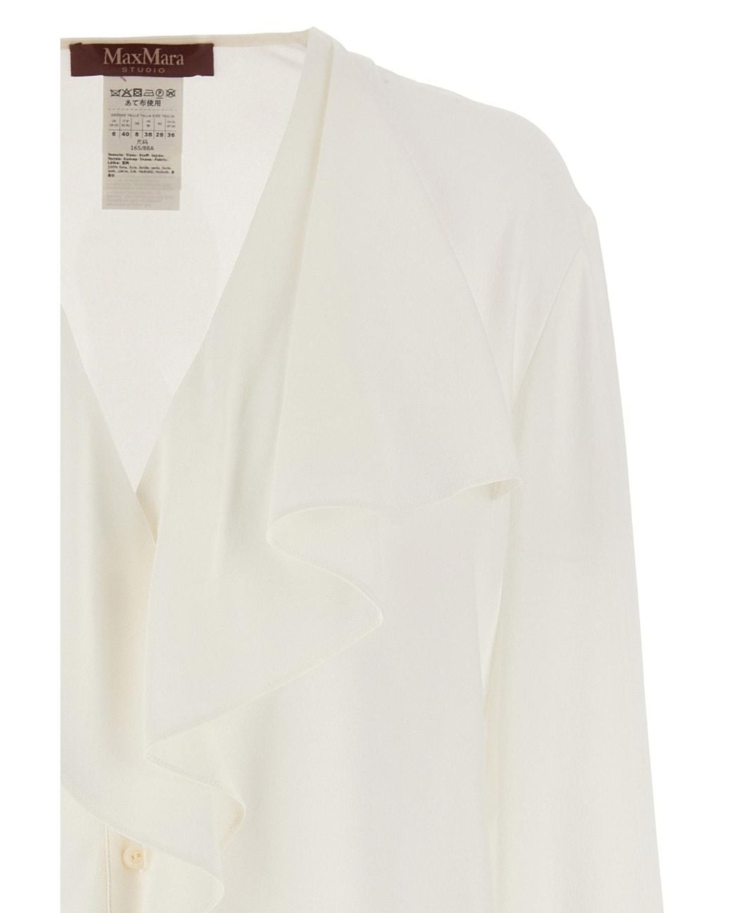 Max Mara White V-Neck Ruffled Long-Sleeved Top
