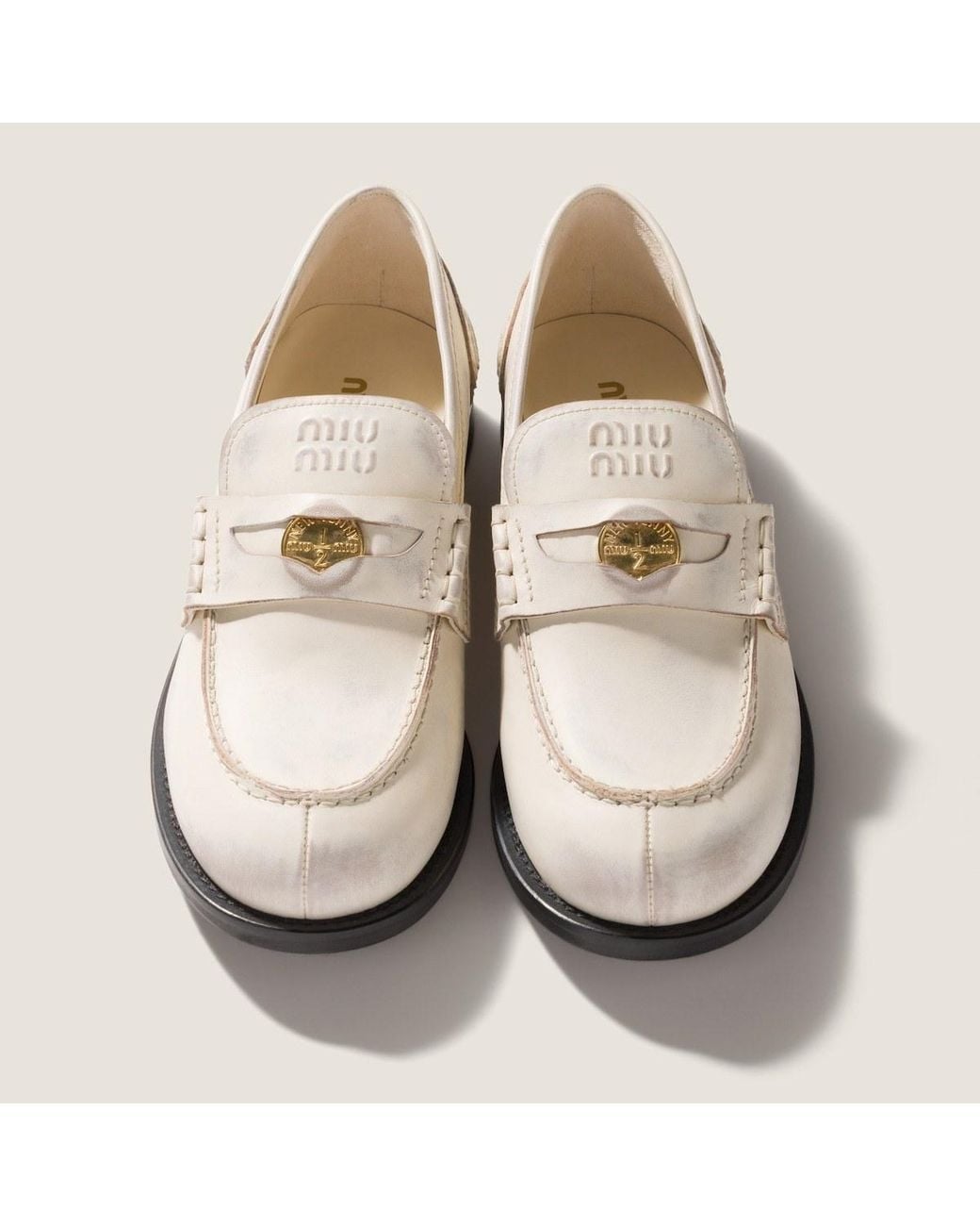 Miu Miu White Vintage-Effect Leather Penny Loafers