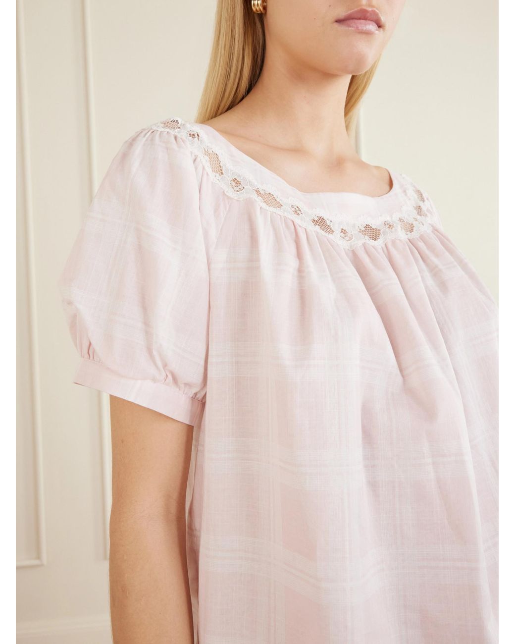 Posse White Lace-Trimmed Checked Cotton Blouse