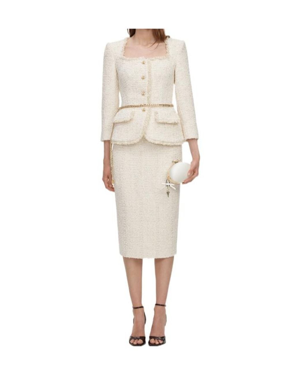 Self-Portrait White Bouclé Chain-Melt Midi Skirt And Jacket Set