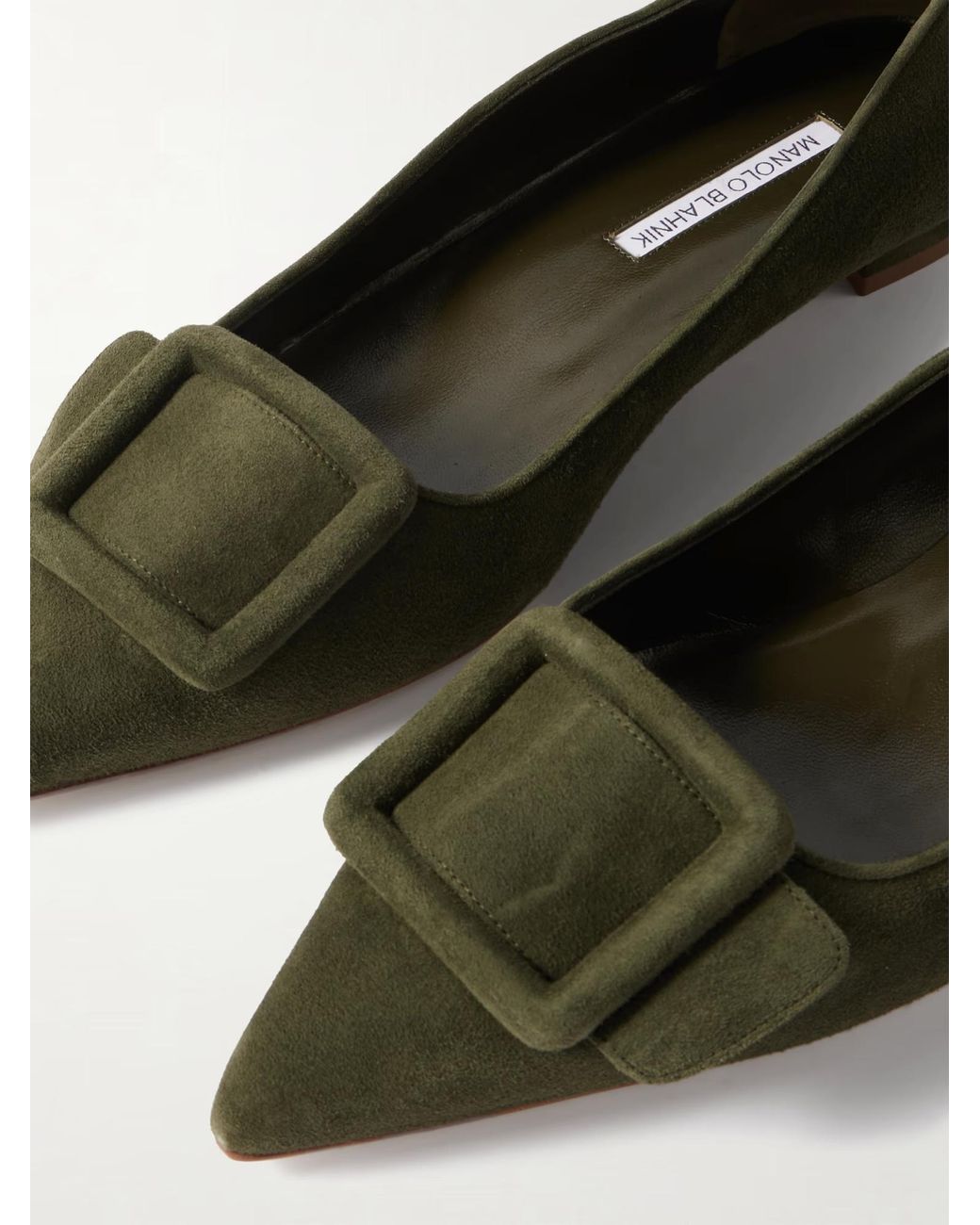 Manolo Blahnik Green Maysale Buckle Suede Pointed-Toe Flats