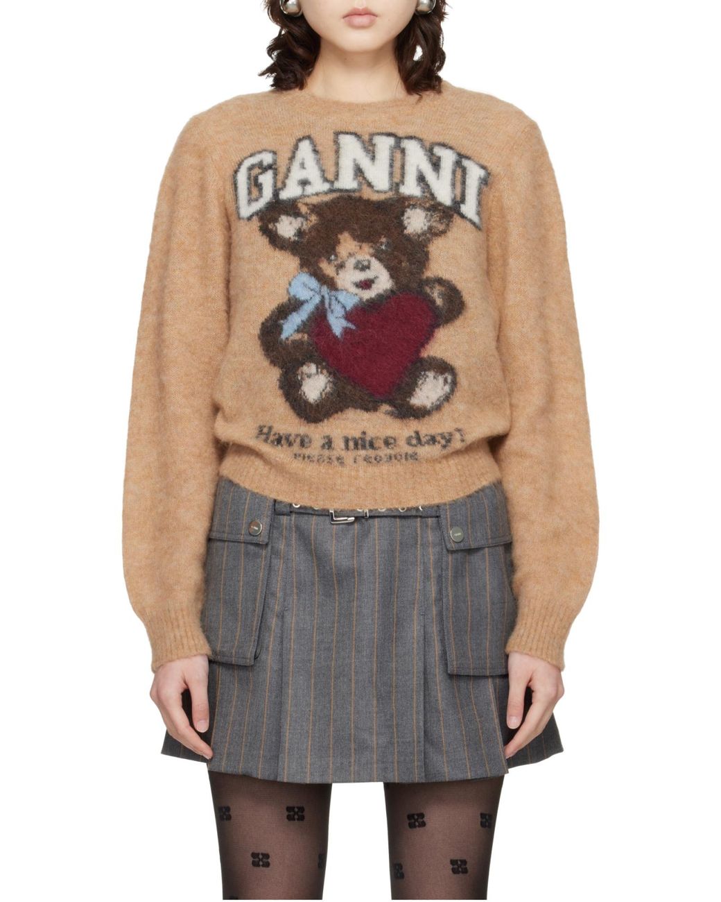 Ganni Pink Graphic Bear Intarsia Knit Jumper