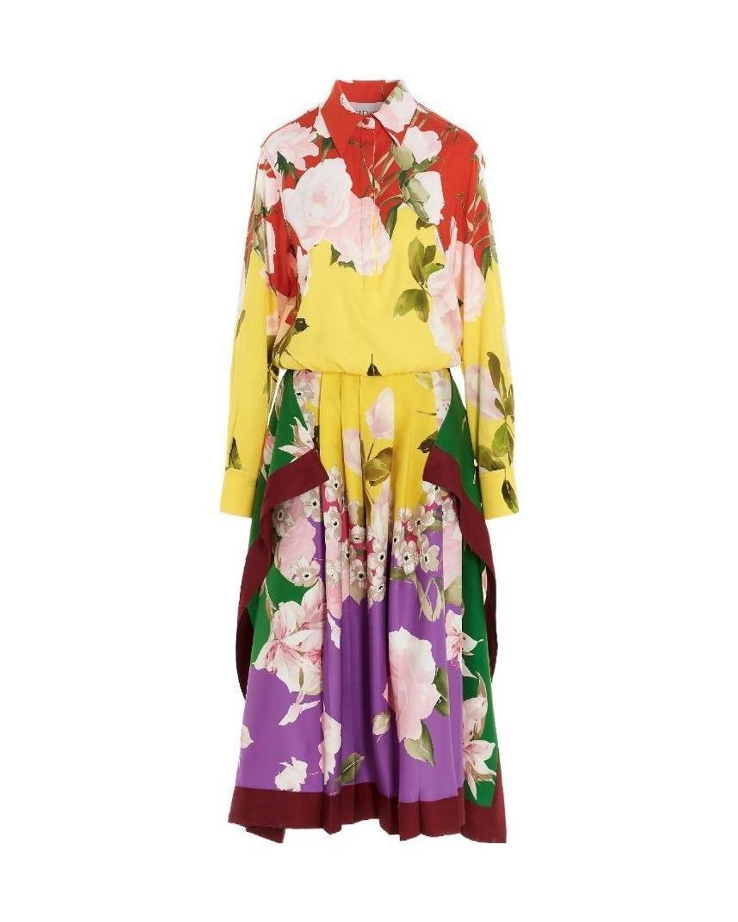 Valentino Purple Pleated Floral-Print Midi Dress