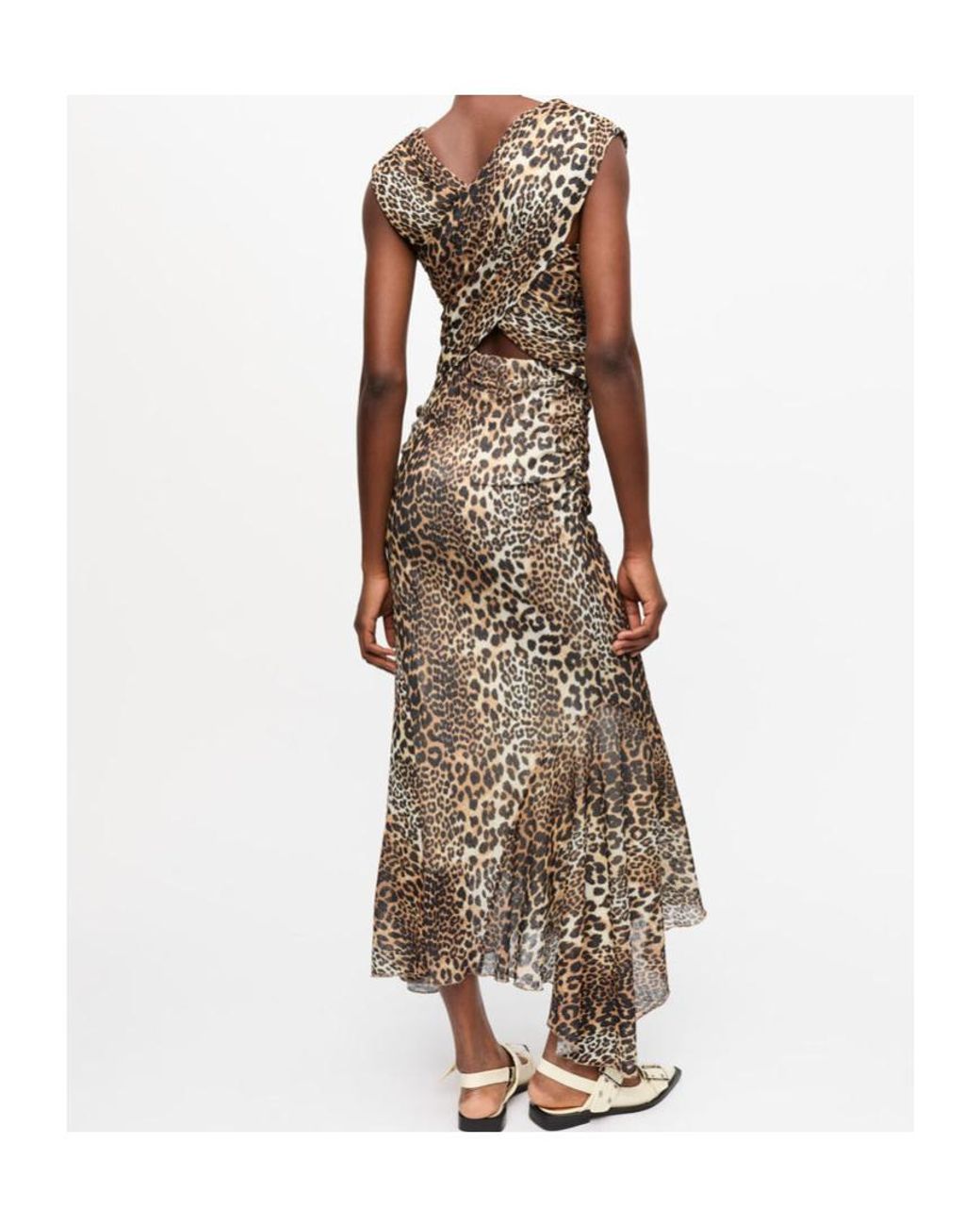 Ganni Natural Leopard Ruched V-Neck Dress