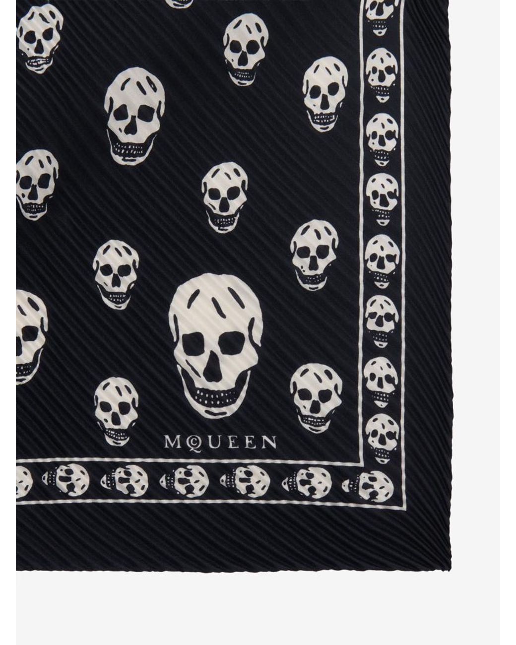 McQueen Black Pleated Skull-Print Scarf