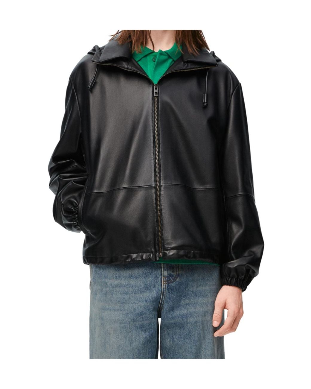 Loewe Black Hooded Zipped Leather Jacket for men
