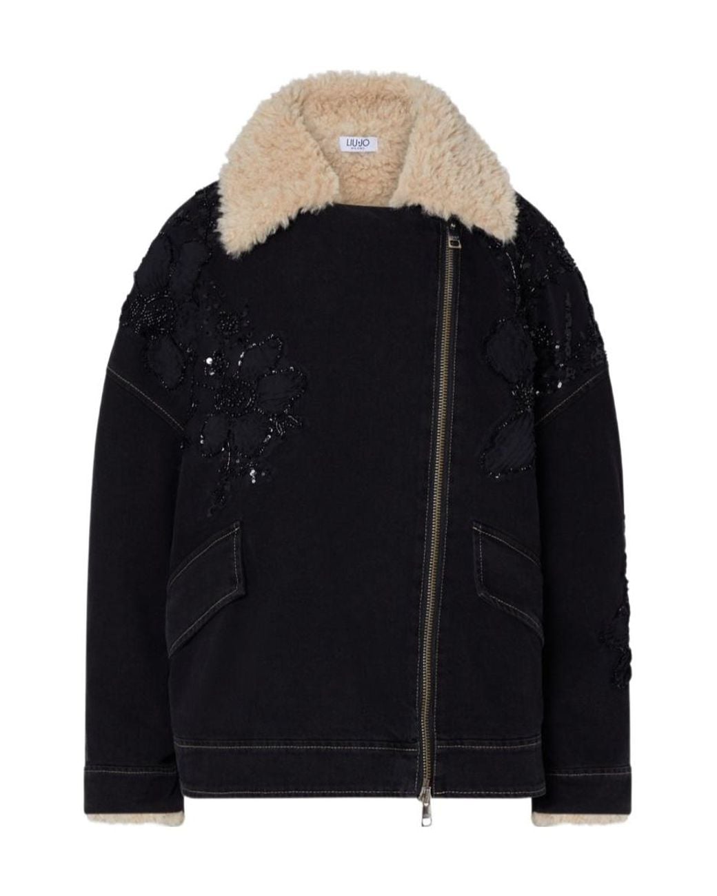 Liu Jo Black Embellished Faux Fur Denim Jacket