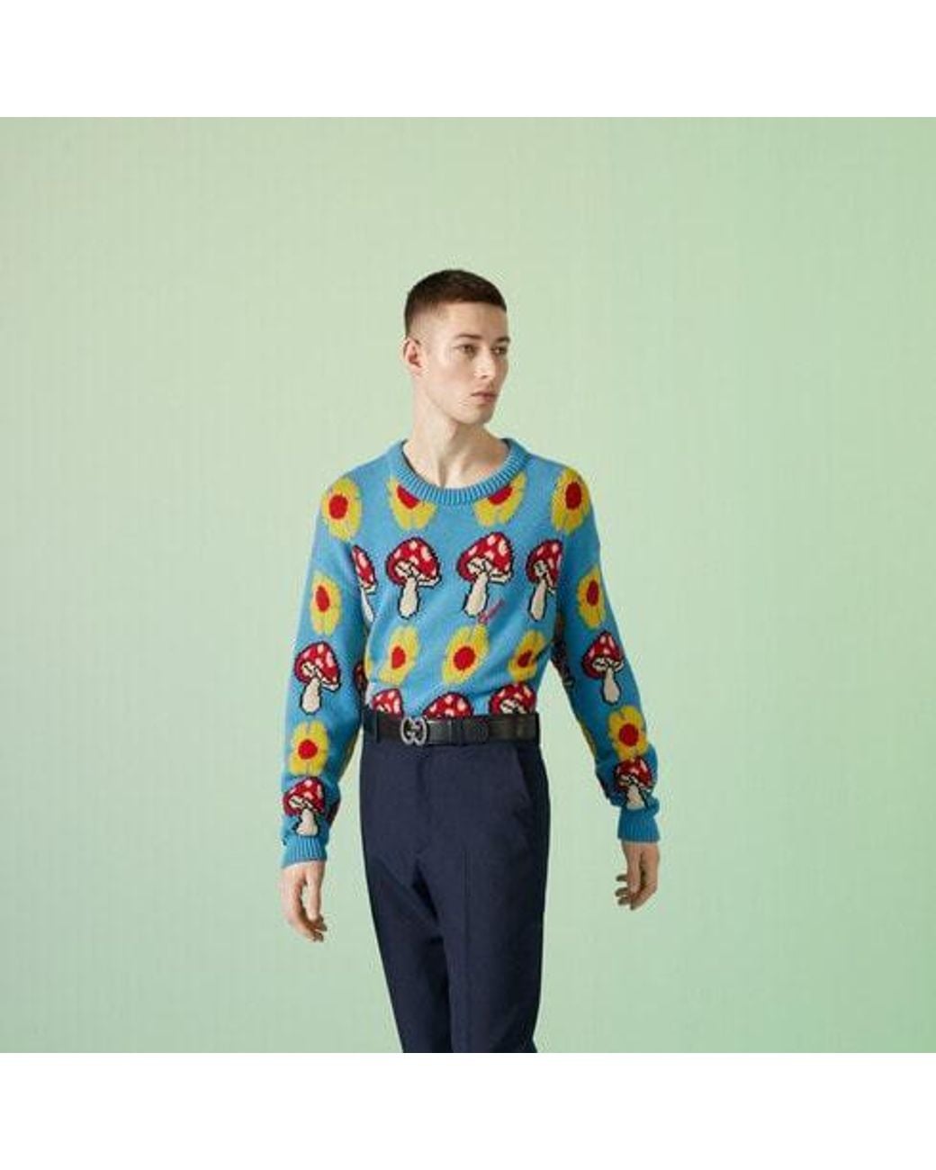 Gucci Blue Patterned-Jacquard Crew-Neck Jumper for men