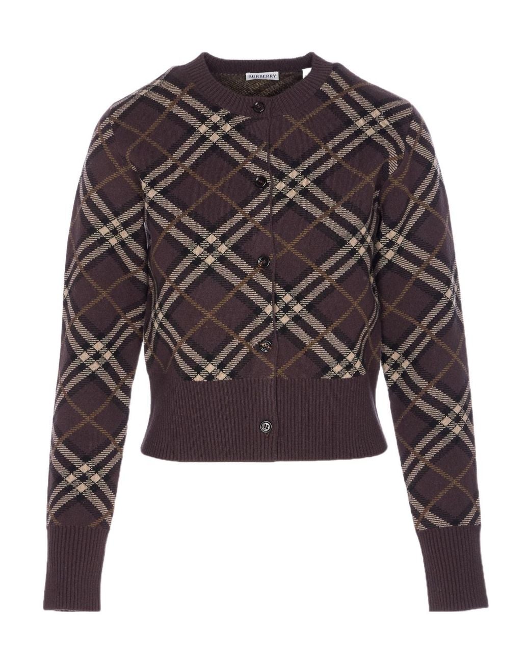 Burberry Gray Checked Crewneck Knitted Cardigan