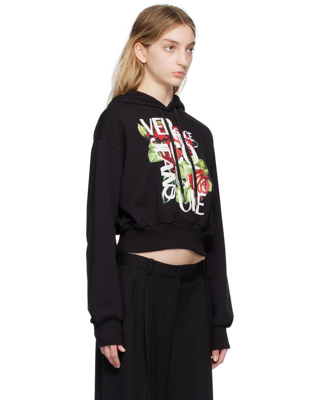 Versace Jeans Black Cropped Logo-Print Cotton Hoodie