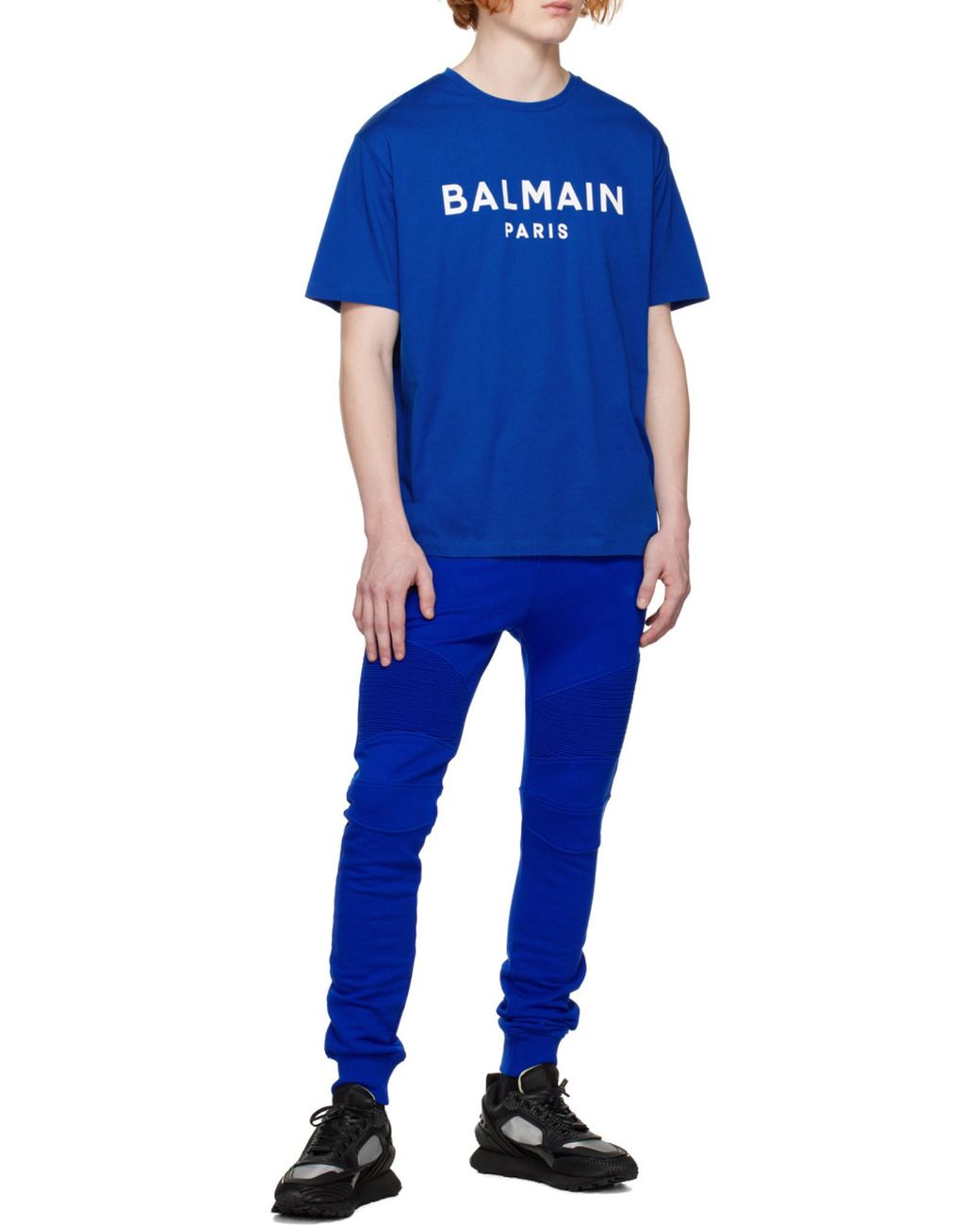 Balmain Blue Logo Printed Cotton Jogging Pants for men