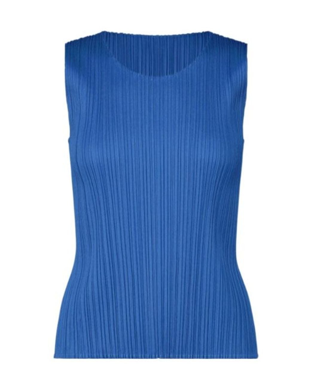 Pleats Please Issey Miyake Blue Pleats Please Issey Miyake Crewneck Sleeveless Top