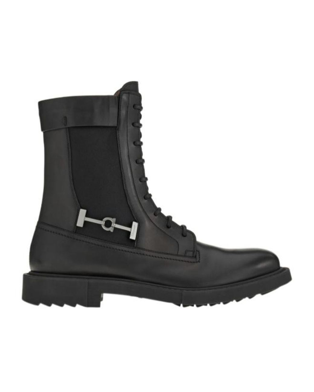 Ferragamo Black Ferragamo Gancini Buckle Lace-Up Combat Boots for men