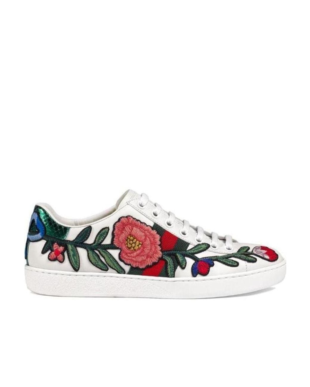 Gucci White Ace Flower Embroidery Casual Sneakers