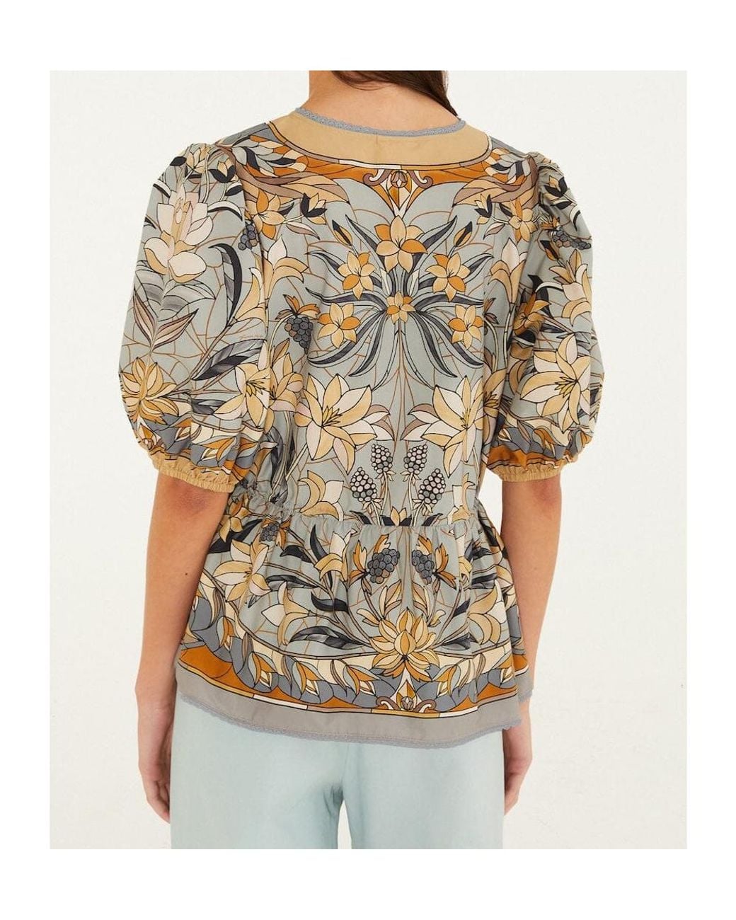 Farm Rio Multicolor Stained Glass Floral-Print Puff-Sleeve Blouse