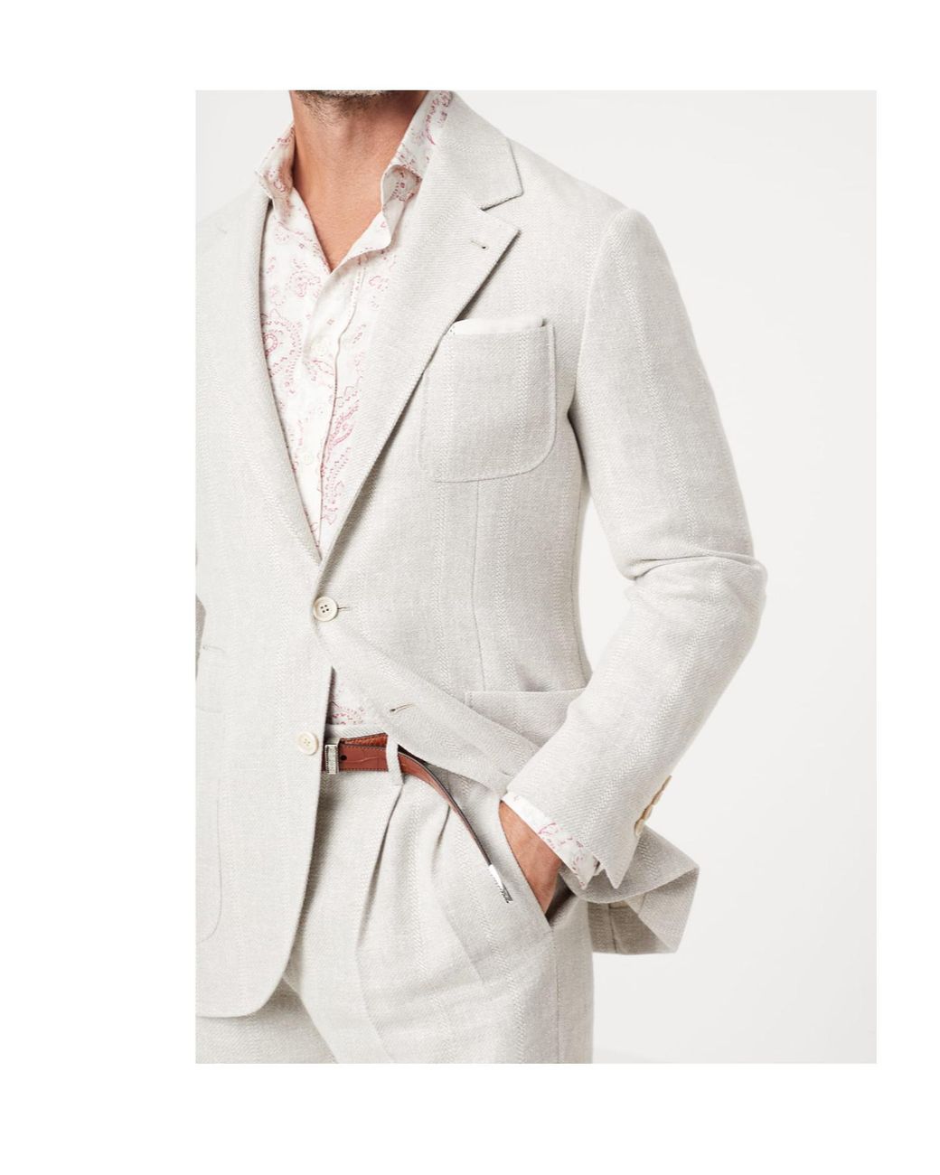 Brunello Cucinelli White Herringbone-Pattern Single-Breasted Suit for men