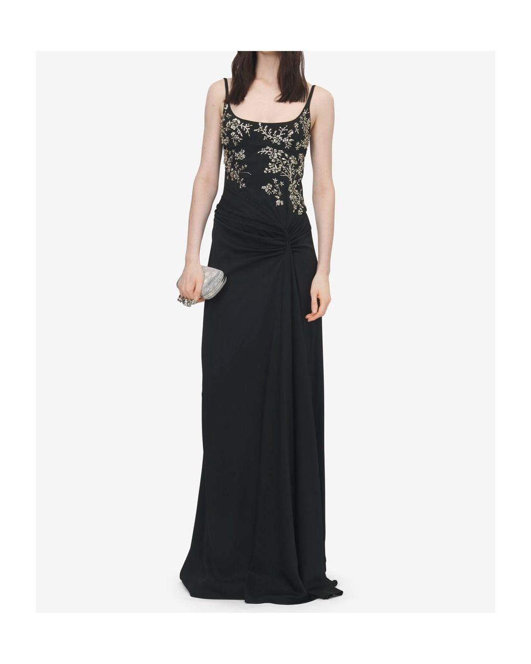 McQueen Black Floral Embroidery Evening Dress