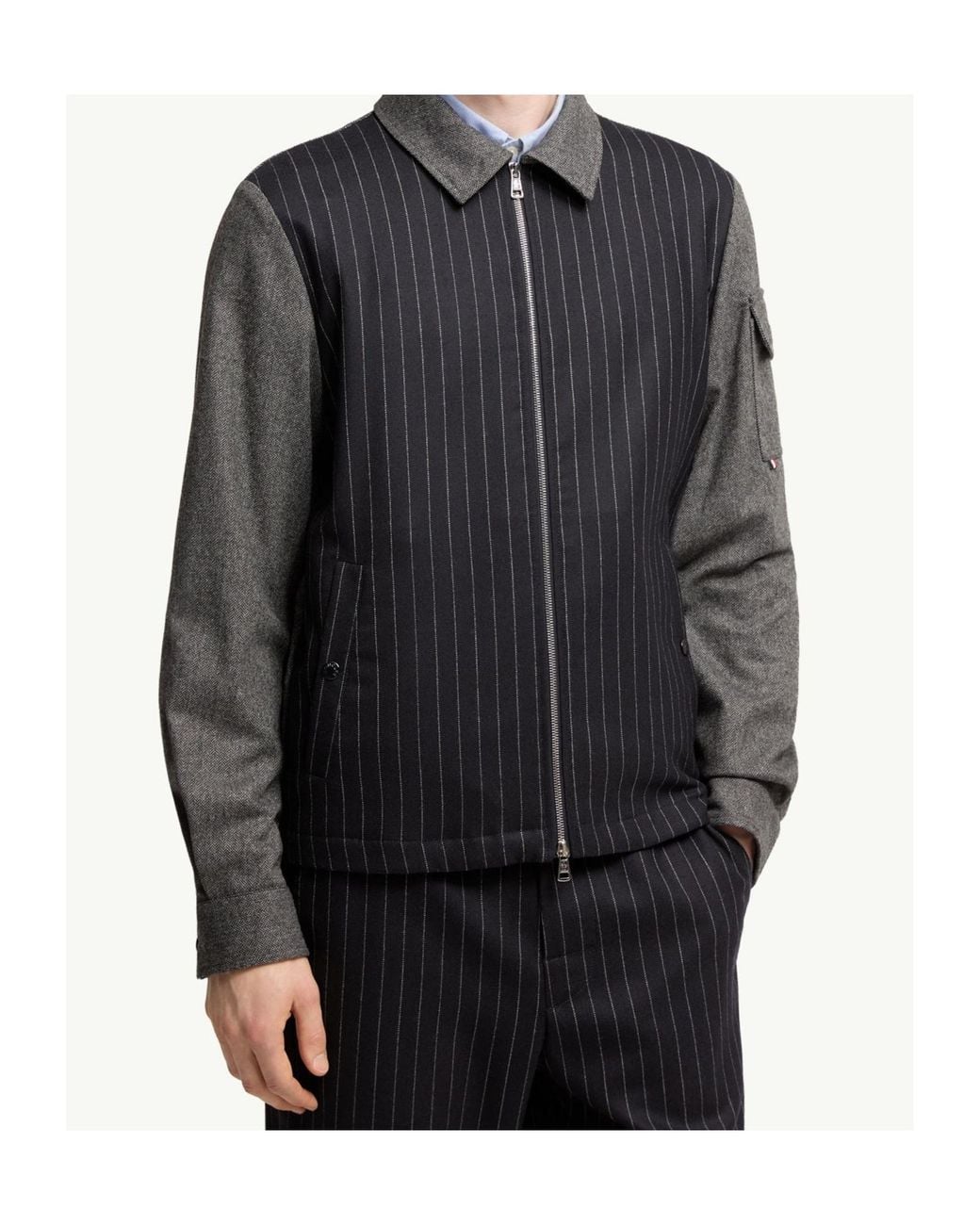 Moncler Gray Herringbone Wool Blend Zip-Up Shirt for men