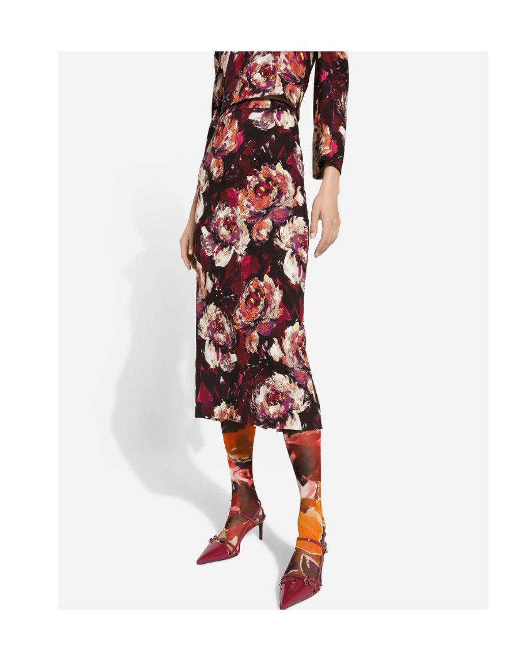 Dolce & Gabbana Red Peony Printed Cady Calf-Length Skirt