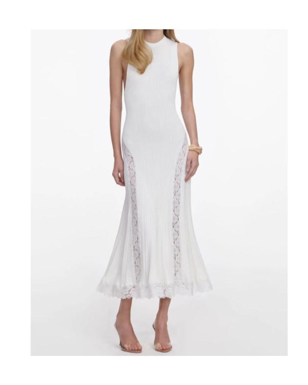Self-Portrait White Lace-Panel Knitted Midi Dress