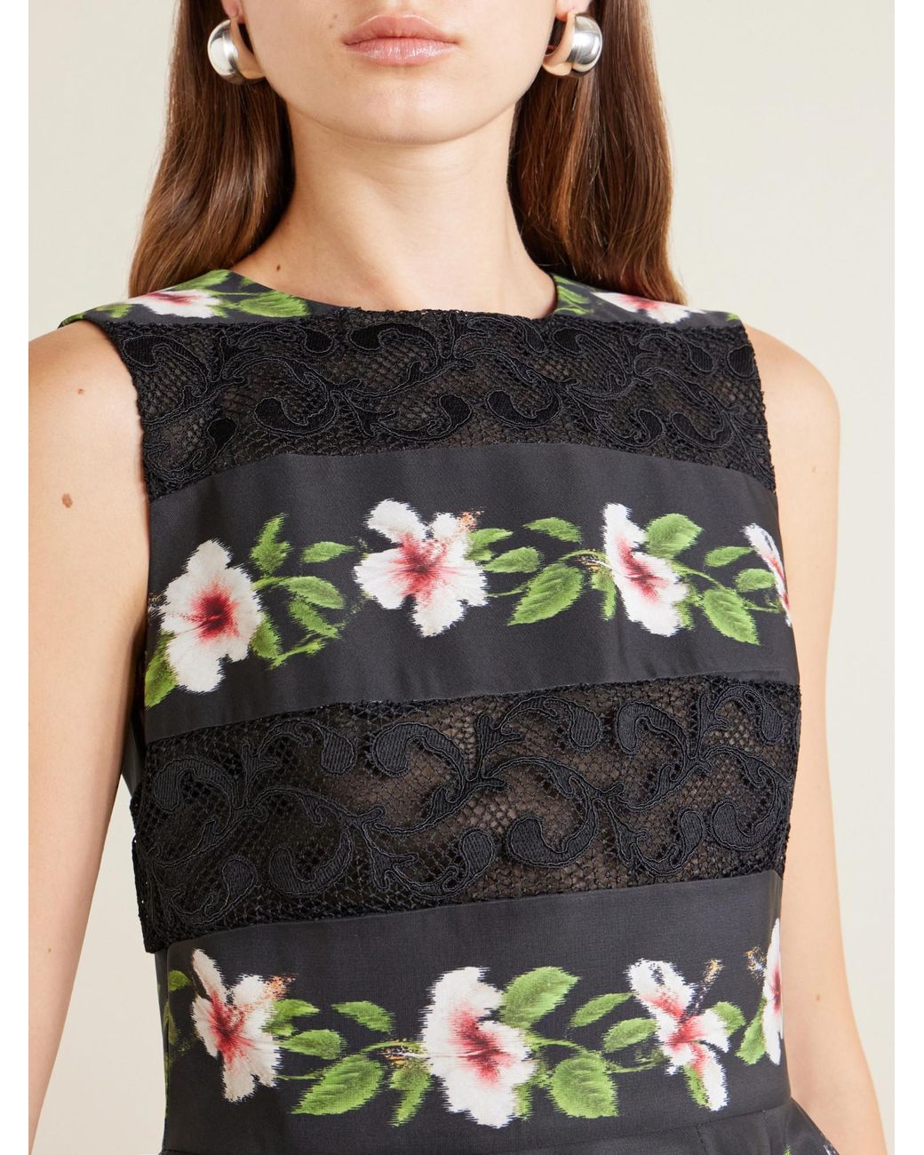 Oscar de la Renta Black Floral-Print Lace-Trimmed Crepe De Chine Mini Dress