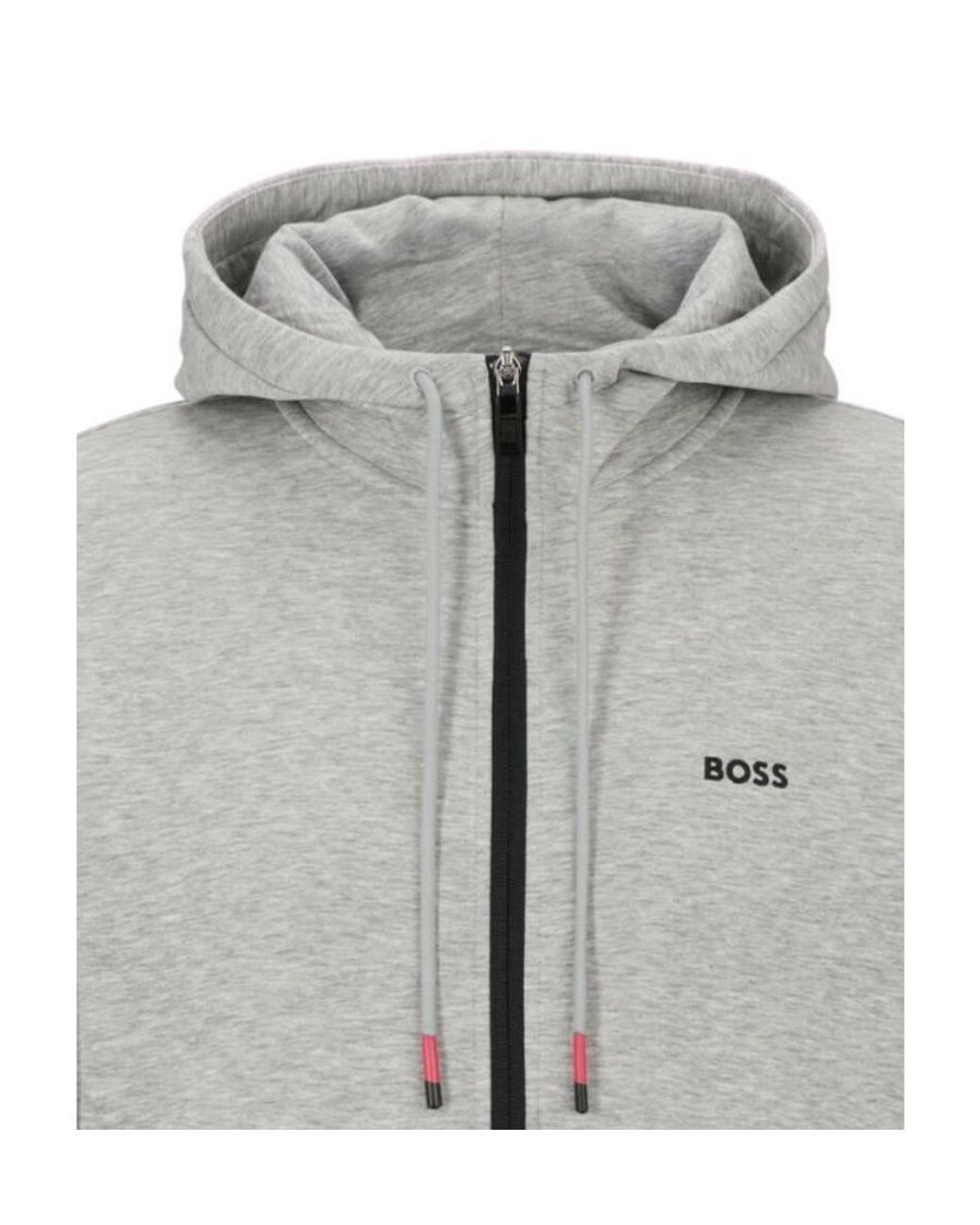 Boss Gray Logo-Embroidered Drawstring Hoodie for men