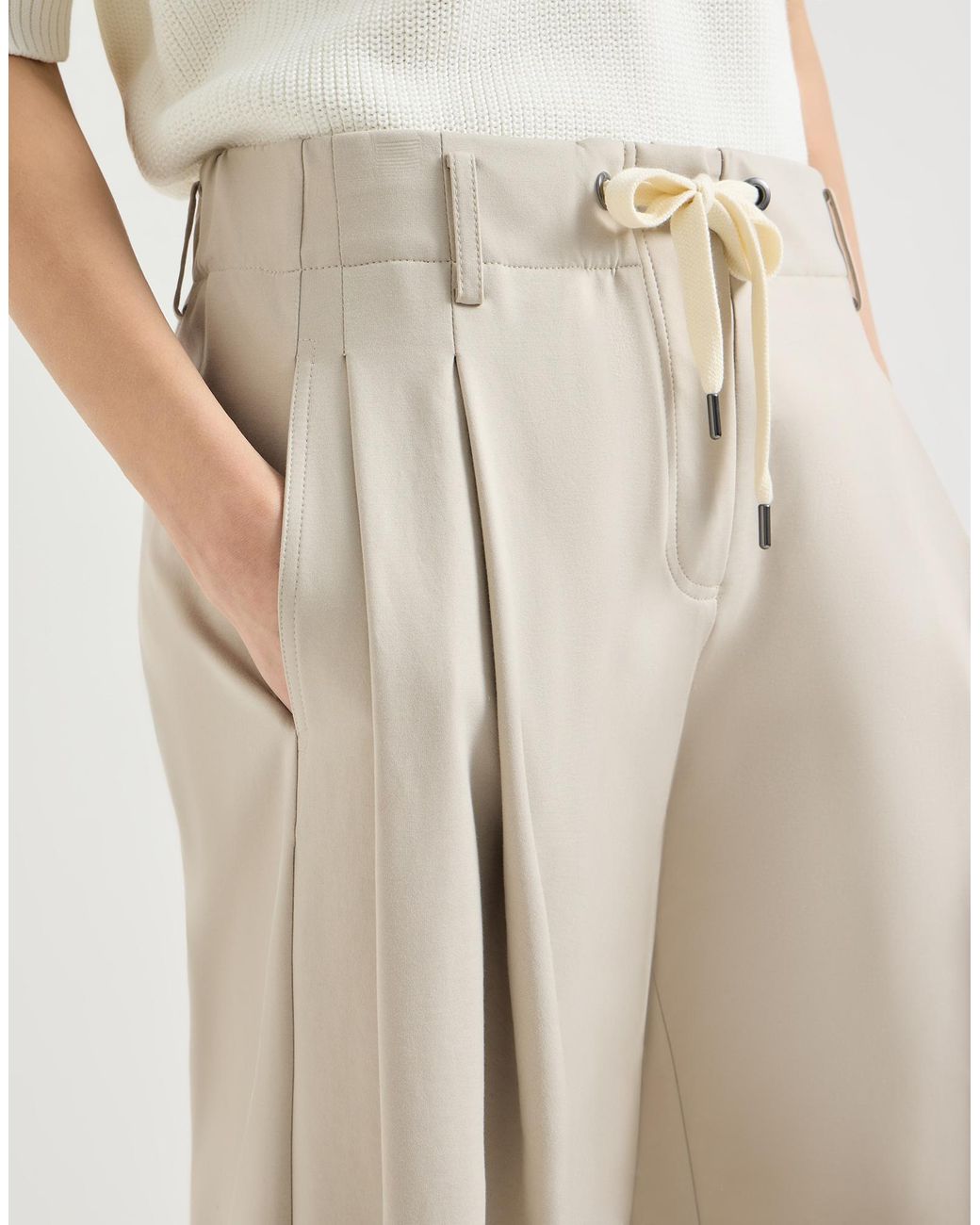 Brunello Cucinelli Natural Drawstring Straight-Leg Trousers