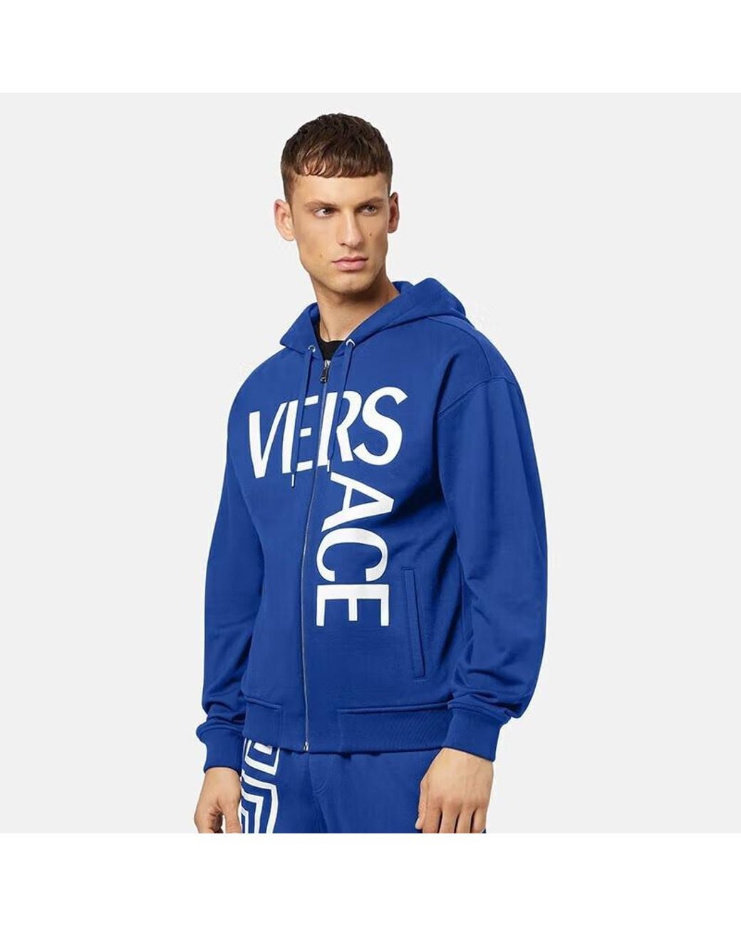 Versace Blue Logo Hooded Zipper Sweater for men