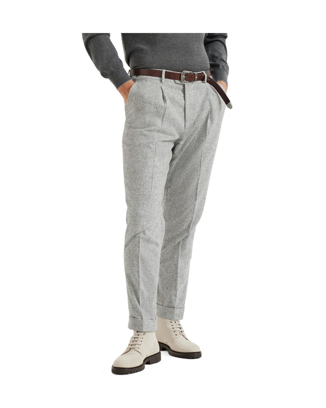 Brunello Cucinelli Gray Pleated Wool-Silk Blend Trousers for men