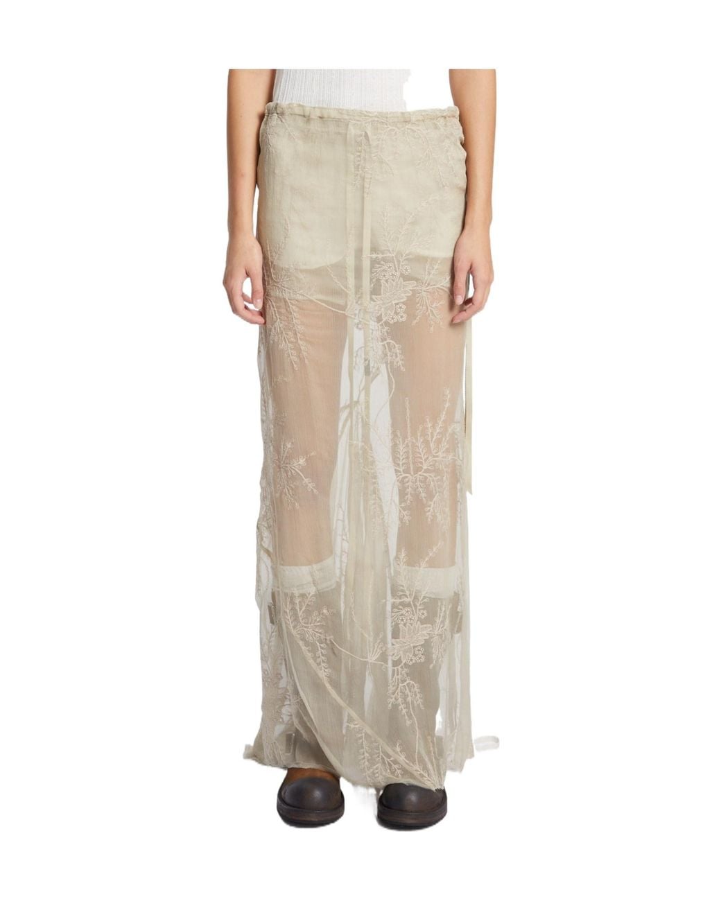 Ann Demeulemeester Natural Embroidered Silk-Voile Maxi Skirt