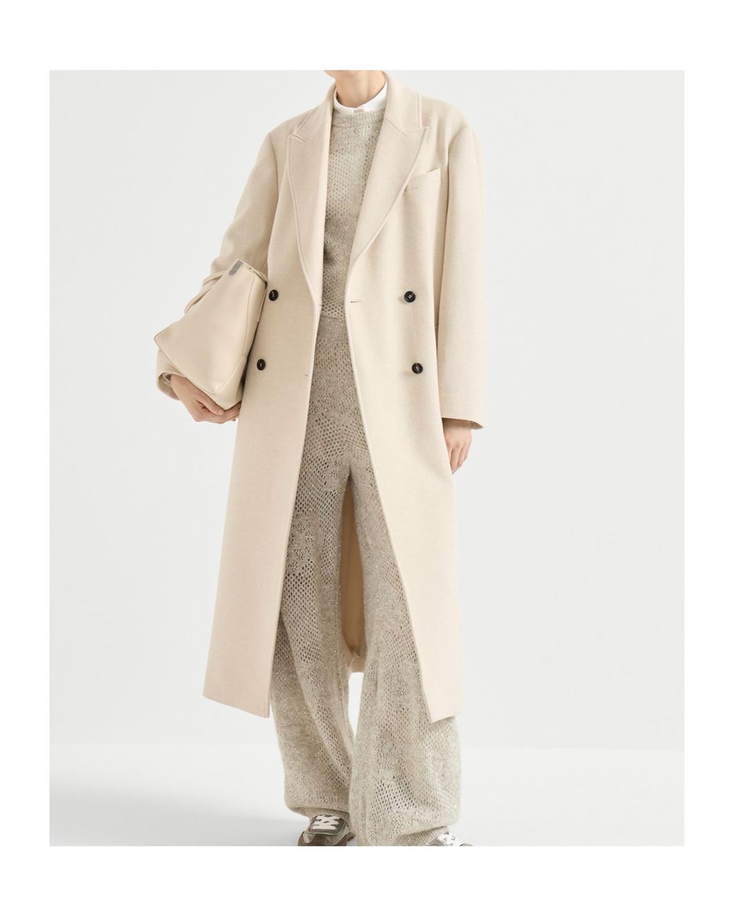 Brunello Cucinelli Natural Lightweight Water-Resistant Cashmere Belted Coat With Monili
