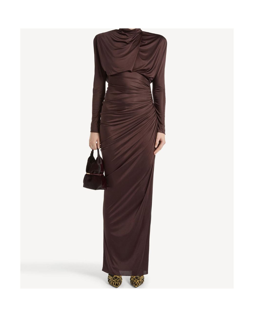 Balmain Brown Draped Long-Sleeve Maxi Dress
