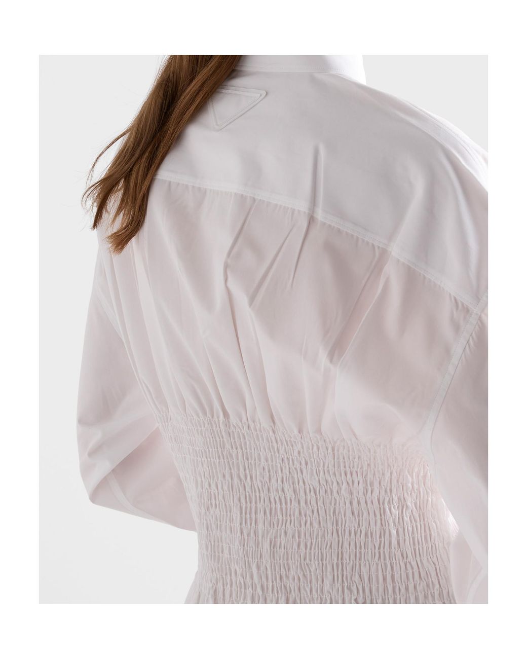 Prada White Smocked-Waist Long-Sleeved Poplin Shirt