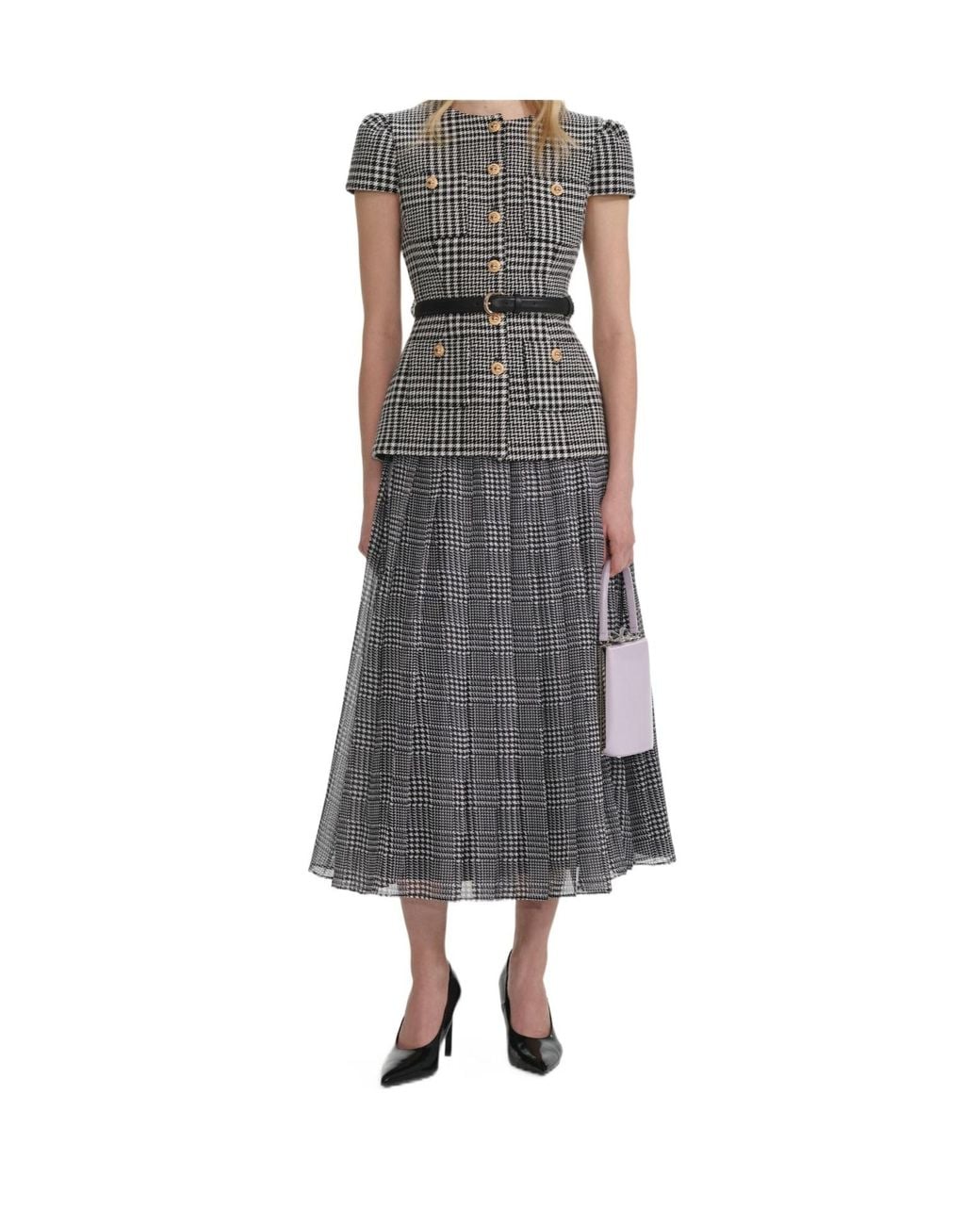 Self-Portrait Gray Houndstooth Midi Dress